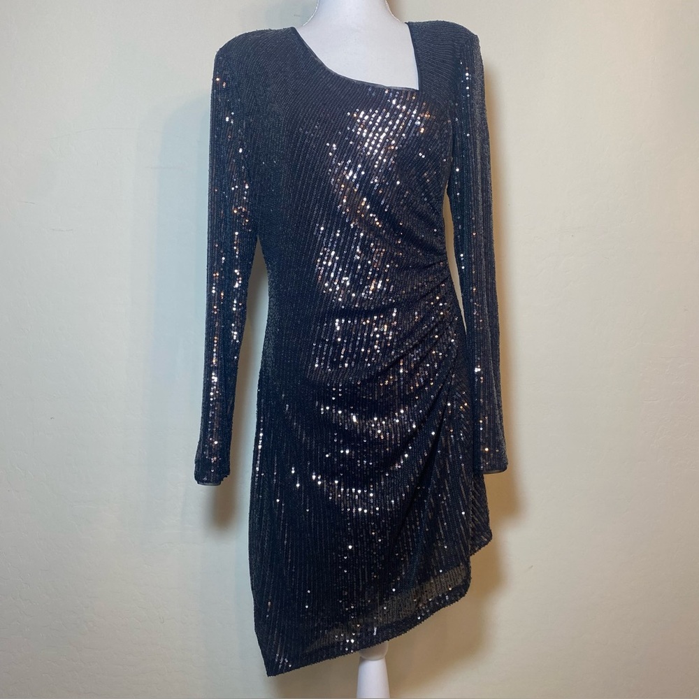 BCBGMaxAzria Black Sequin Long Sleeve Dress